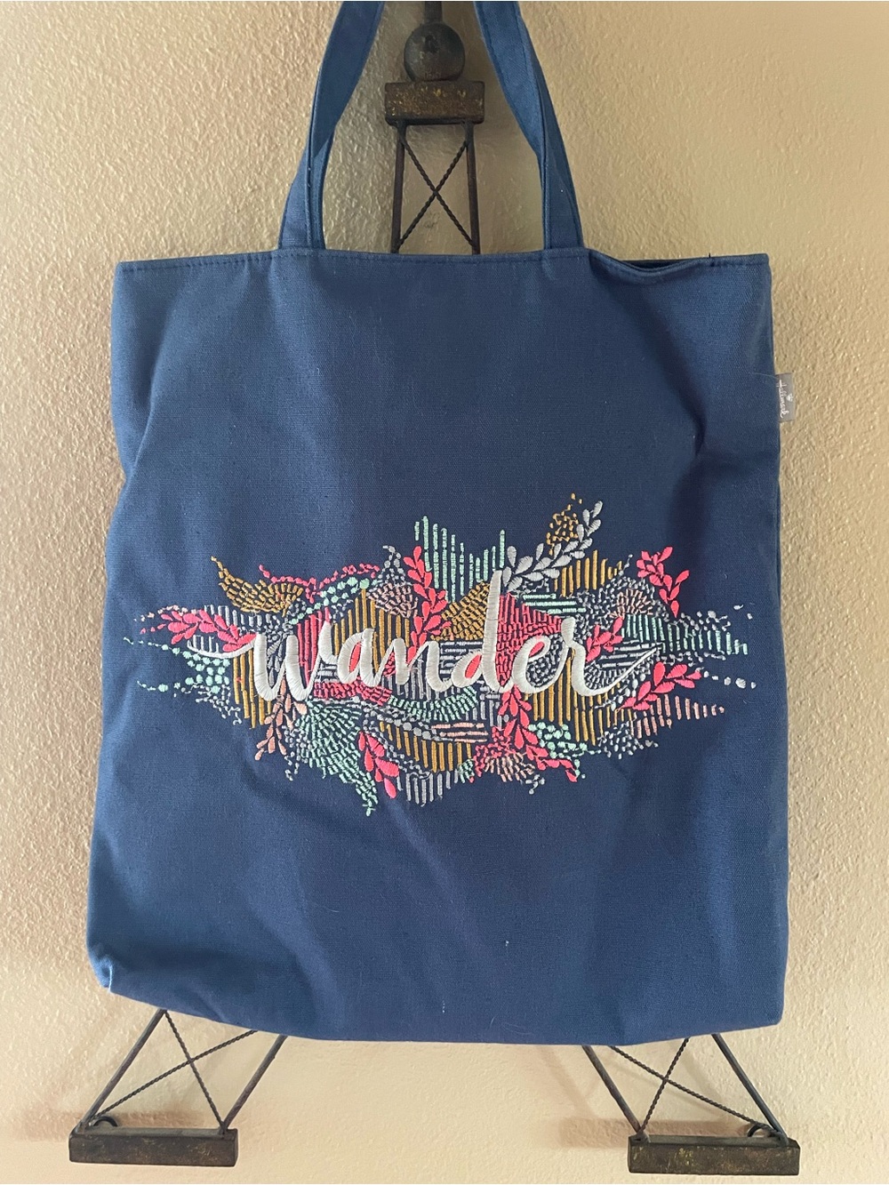 Wander Navy Canvas Tote Bag with Colorful Embroidery Hallmark VTG